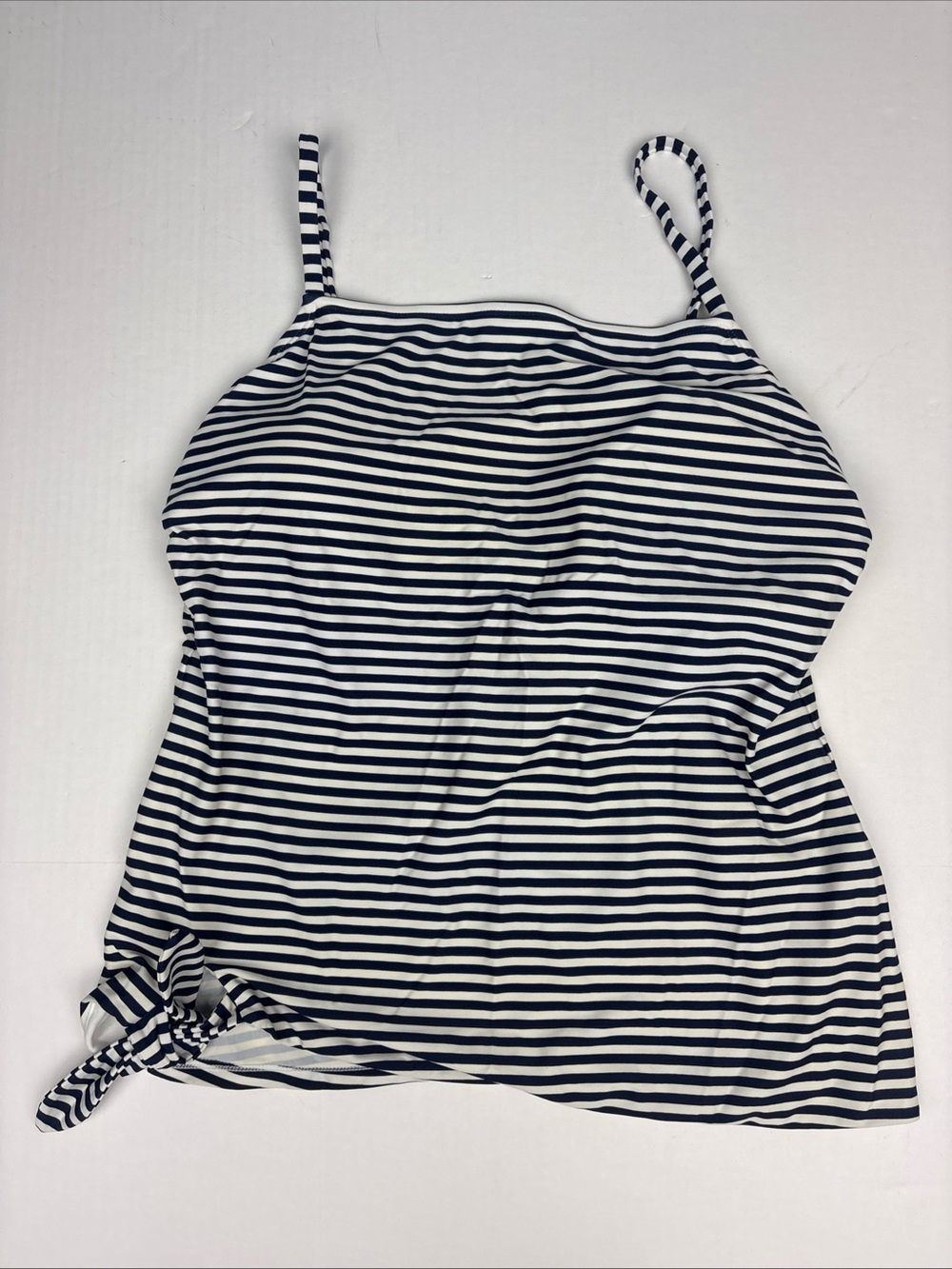 Kona Sol Women XL Tankini Swim Top Navy Blue White Stripes Knotted Front Stretch